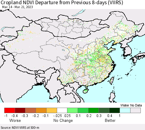 China, Mongolia and Taiwan Cropland NDVI Departure from Previous 8-days (VIIRS) Thematic Map For 3/14/2023 - 3/21/2023