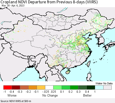 China, Mongolia and Taiwan Cropland NDVI Departure from Previous 8-days (VIIRS) Thematic Map For 3/30/2023 - 4/6/2023