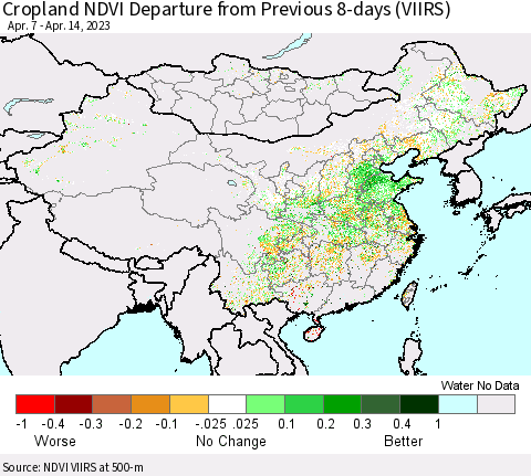 China, Mongolia and Taiwan Cropland NDVI Departure from Previous 8-days (VIIRS) Thematic Map For 4/7/2023 - 4/14/2023