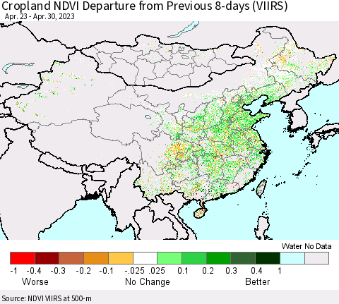 China, Mongolia and Taiwan Cropland NDVI Departure from Previous 8-days (VIIRS) Thematic Map For 4/23/2023 - 4/30/2023