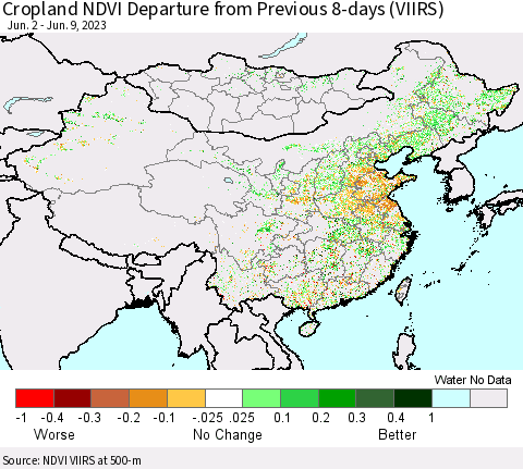 China, Mongolia and Taiwan Cropland NDVI Departure from Previous 8-days (VIIRS) Thematic Map For 6/2/2023 - 6/9/2023