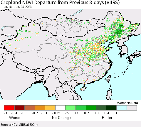 China, Mongolia and Taiwan Cropland NDVI Departure from Previous 8-days (VIIRS) Thematic Map For 6/18/2023 - 6/25/2023