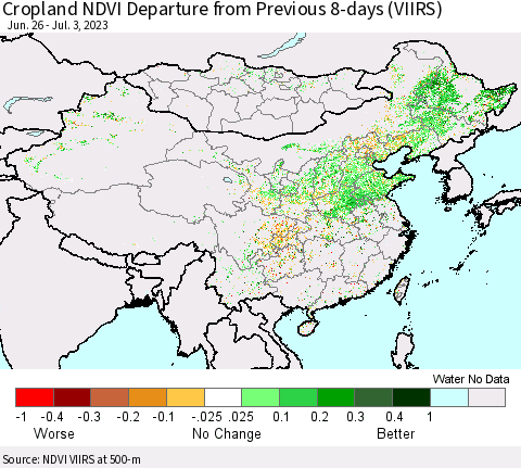 China, Mongolia and Taiwan Cropland NDVI Departure from Previous 8-days (VIIRS) Thematic Map For 6/26/2023 - 7/3/2023