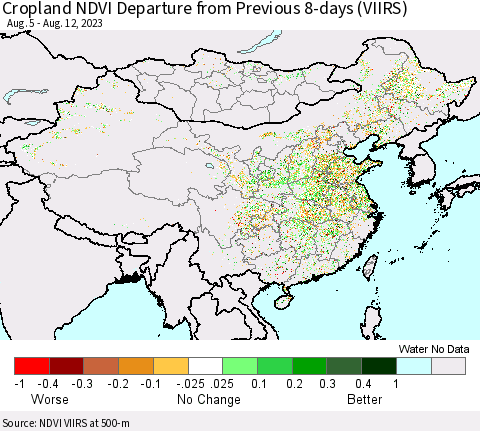 China, Mongolia and Taiwan Cropland NDVI Departure from Previous 8-days (VIIRS) Thematic Map For 8/5/2023 - 8/12/2023