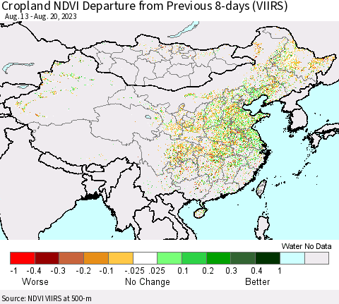 China, Mongolia and Taiwan Cropland NDVI Departure from Previous 8-days (VIIRS) Thematic Map For 8/13/2023 - 8/20/2023