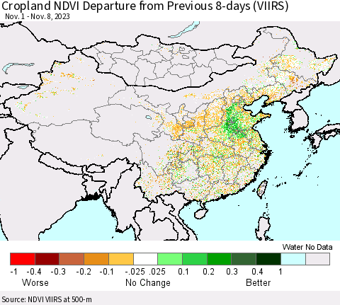 China, Mongolia and Taiwan Cropland NDVI Departure from Previous 8-days (VIIRS) Thematic Map For 11/1/2023 - 11/8/2023