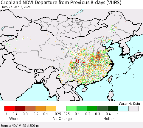 China, Mongolia and Taiwan Cropland NDVI Departure from Previous 8-days (VIIRS) Thematic Map For 12/27/2023 - 1/3/2024