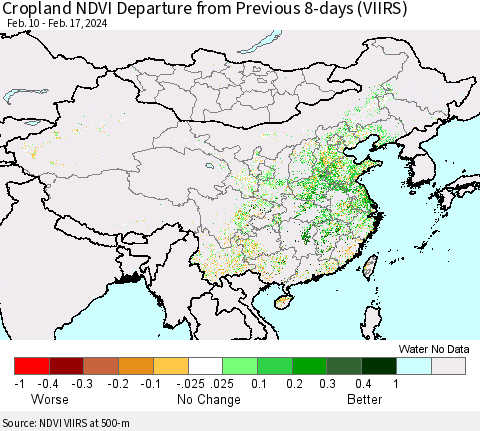 China, Mongolia and Taiwan Cropland NDVI Departure from Previous 8-days (VIIRS) Thematic Map For 2/10/2024 - 2/17/2024