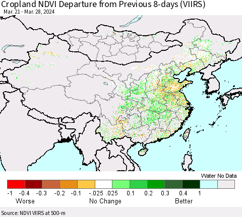 China, Mongolia and Taiwan Cropland NDVI Departure from Previous 8-days (VIIRS) Thematic Map For 3/21/2024 - 3/28/2024