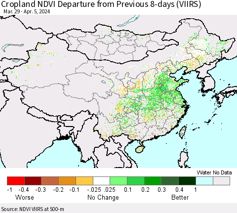 China, Mongolia and Taiwan Cropland NDVI Departure from Previous 8-days (VIIRS) Thematic Map For 3/29/2024 - 4/5/2024