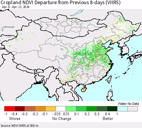 China, Mongolia and Taiwan Cropland NDVI Departure from Previous 8-days (VIIRS) Thematic Map For 4/6/2024 - 4/13/2024
