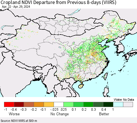 China, Mongolia and Taiwan Cropland NDVI Departure from Previous 8-days (VIIRS) Thematic Map For 4/22/2024 - 4/29/2024