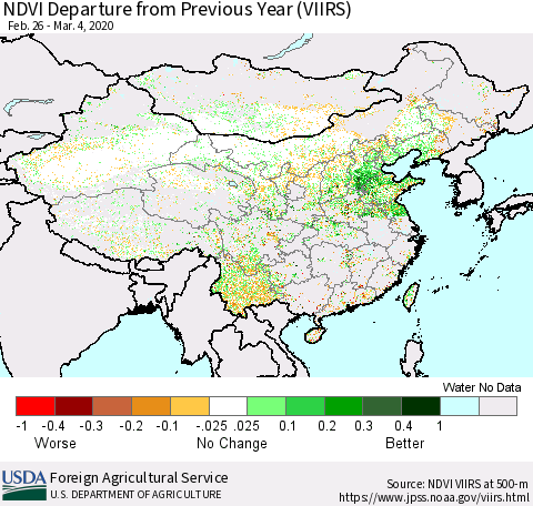 China and Taiwan NDVI Departure from Previous Year (VIIRS) Thematic Map For 3/1/2020 - 3/10/2020