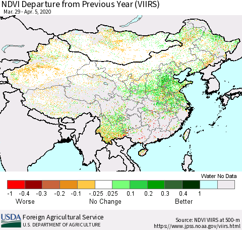 China and Taiwan NDVI Departure from Previous Year (VIIRS) Thematic Map For 4/1/2020 - 4/10/2020