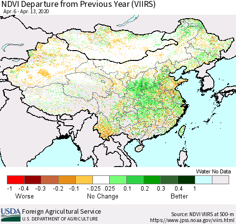 China and Taiwan NDVI Departure from Previous Year (VIIRS) Thematic Map For 4/11/2020 - 4/20/2020