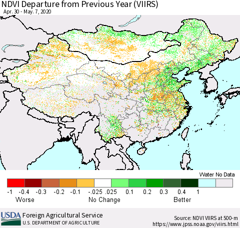 China and Taiwan NDVI Departure from Previous Year (VIIRS) Thematic Map For 5/1/2020 - 5/10/2020