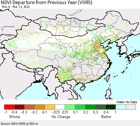 China, Mongolia and Taiwan NDVI Departure from Previous Year (VIIRS) Thematic Map For 3/6/2021 - 3/13/2021