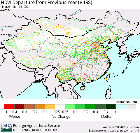 China and Taiwan NDVI Departure from Previous Year (VIIRS) Thematic Map For 3/11/2021 - 3/20/2021