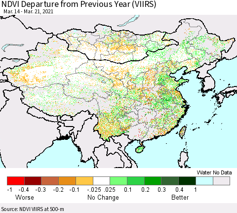 China, Mongolia and Taiwan NDVI Departure from Previous Year (VIIRS) Thematic Map For 3/14/2021 - 3/21/2021