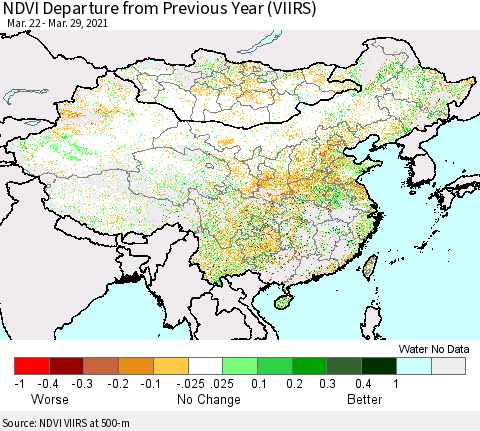 China, Mongolia and Taiwan NDVI Departure from Previous Year (VIIRS) Thematic Map For 3/22/2021 - 3/29/2021