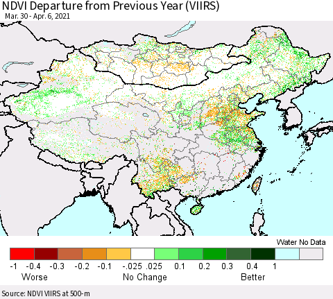 China, Mongolia and Taiwan NDVI Departure from Previous Year (VIIRS) Thematic Map For 3/30/2021 - 4/6/2021