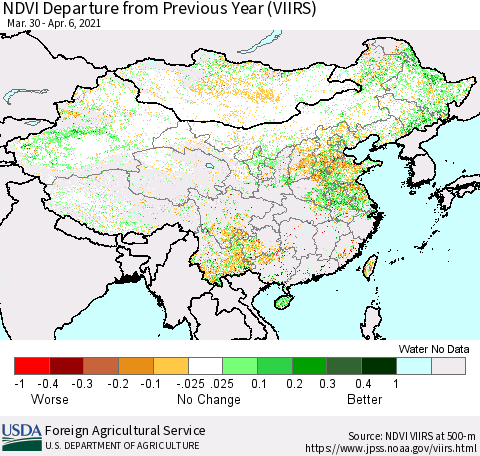 China and Taiwan NDVI Departure from Previous Year (VIIRS) Thematic Map For 4/1/2021 - 4/10/2021