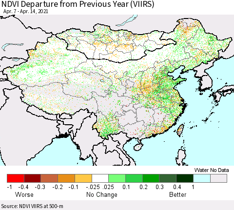China, Mongolia and Taiwan NDVI Departure from Previous Year (VIIRS) Thematic Map For 4/7/2021 - 4/14/2021