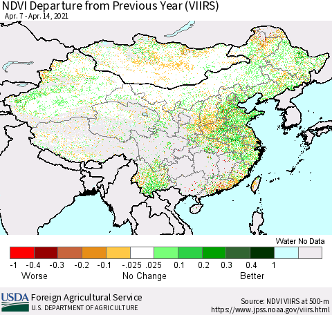 China and Taiwan NDVI Departure from Previous Year (VIIRS) Thematic Map For 4/11/2021 - 4/20/2021