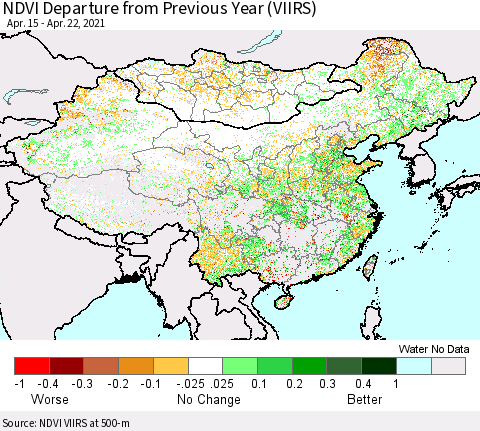 China, Mongolia and Taiwan NDVI Departure from Previous Year (VIIRS) Thematic Map For 4/15/2021 - 4/22/2021