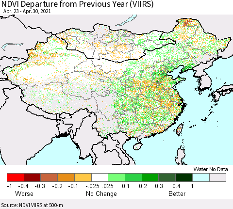 China and Taiwan NDVI Departure from Previous Year (VIIRS) Thematic Map For 4/21/2021 - 4/30/2021