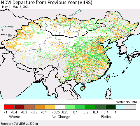 China, Mongolia and Taiwan NDVI Departure from Previous Year (VIIRS) Thematic Map For 5/1/2021 - 5/8/2021