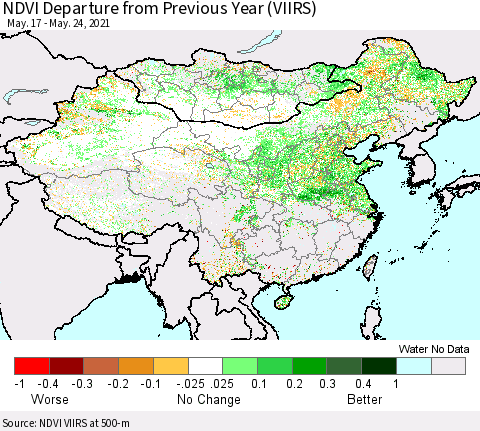 China, Mongolia and Taiwan NDVI Departure from Previous Year (VIIRS) Thematic Map For 5/17/2021 - 5/24/2021