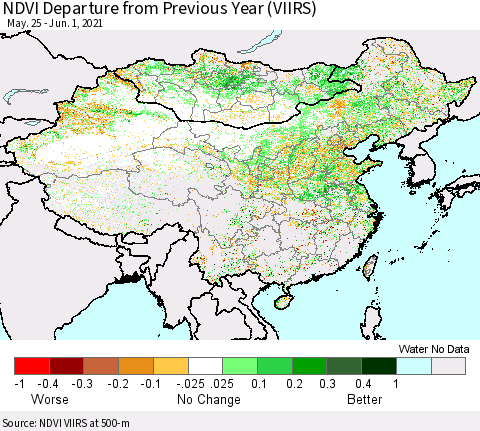 China, Mongolia and Taiwan NDVI Departure from Previous Year (VIIRS) Thematic Map For 5/25/2021 - 6/1/2021