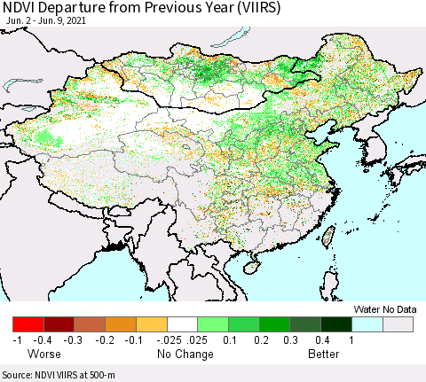 China, Mongolia and Taiwan NDVI Departure from Previous Year (VIIRS) Thematic Map For 6/2/2021 - 6/9/2021