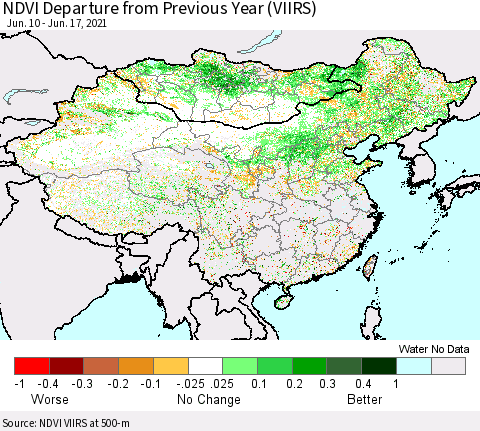 China, Mongolia and Taiwan NDVI Departure from Previous Year (VIIRS) Thematic Map For 6/10/2021 - 6/17/2021