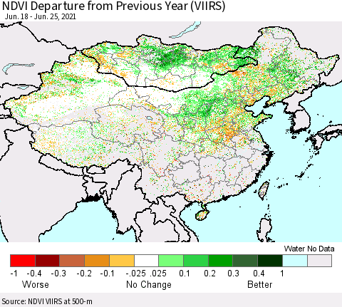 China, Mongolia and Taiwan NDVI Departure from Previous Year (VIIRS) Thematic Map For 6/18/2021 - 6/25/2021
