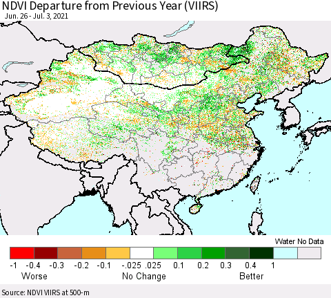 China, Mongolia and Taiwan NDVI Departure from Previous Year (VIIRS) Thematic Map For 6/26/2021 - 7/3/2021