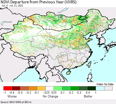 China, Mongolia and Taiwan NDVI Departure from Previous Year (VIIRS) Thematic Map For 7/4/2021 - 7/11/2021