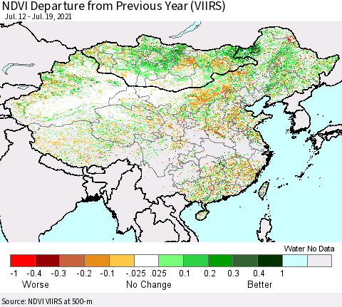 China, Mongolia and Taiwan NDVI Departure from Previous Year (VIIRS) Thematic Map For 7/12/2021 - 7/19/2021