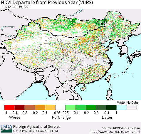 China and Taiwan NDVI Departure from Previous Year (VIIRS) Thematic Map For 7/11/2021 - 7/20/2021