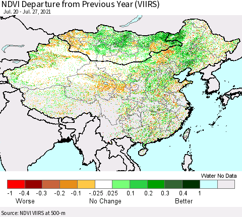 China, Mongolia and Taiwan NDVI Departure from Previous Year (VIIRS) Thematic Map For 7/20/2021 - 7/27/2021