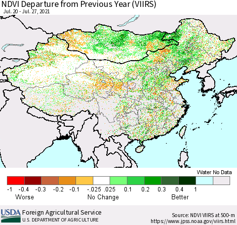 China and Taiwan NDVI Departure from Previous Year (VIIRS) Thematic Map For 7/21/2021 - 7/31/2021