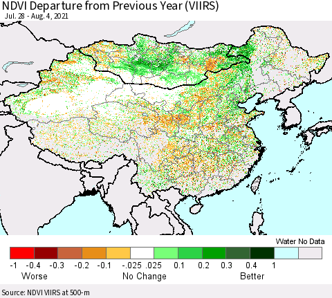 China, Mongolia and Taiwan NDVI Departure from Previous Year (VIIRS) Thematic Map For 7/28/2021 - 8/4/2021