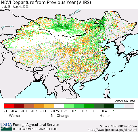China and Taiwan NDVI Departure from Previous Year (VIIRS) Thematic Map For 8/1/2021 - 8/10/2021