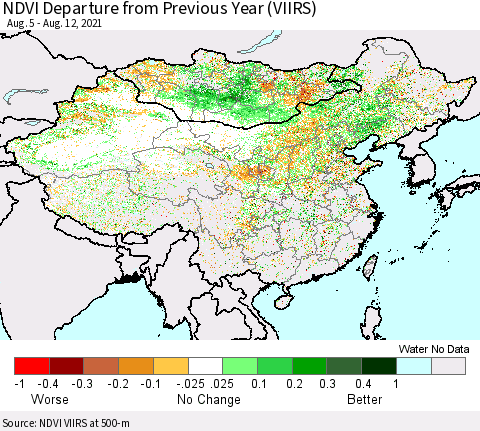 China, Mongolia and Taiwan NDVI Departure from Previous Year (VIIRS) Thematic Map For 8/5/2021 - 8/12/2021