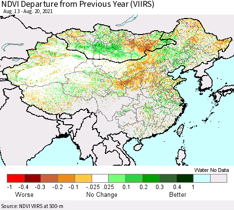 China, Mongolia and Taiwan NDVI Departure from Previous Year (VIIRS) Thematic Map For 8/13/2021 - 8/20/2021