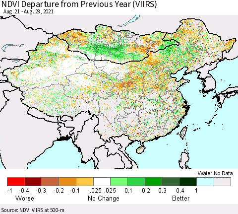 China, Mongolia and Taiwan NDVI Departure from Previous Year (VIIRS) Thematic Map For 8/21/2021 - 8/28/2021