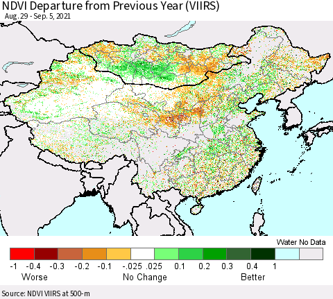 China, Mongolia and Taiwan NDVI Departure from Previous Year (VIIRS) Thematic Map For 8/29/2021 - 9/5/2021