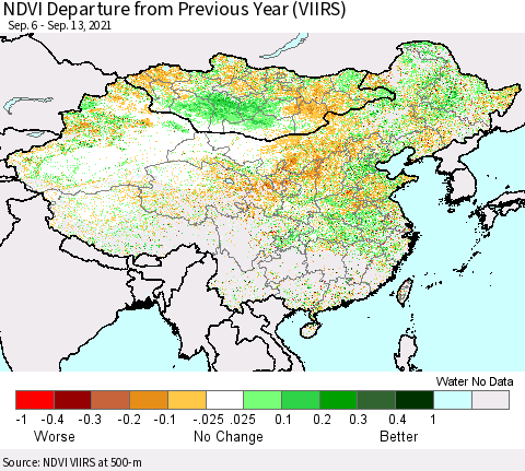 China, Mongolia and Taiwan NDVI Departure from Previous Year (VIIRS) Thematic Map For 9/6/2021 - 9/13/2021