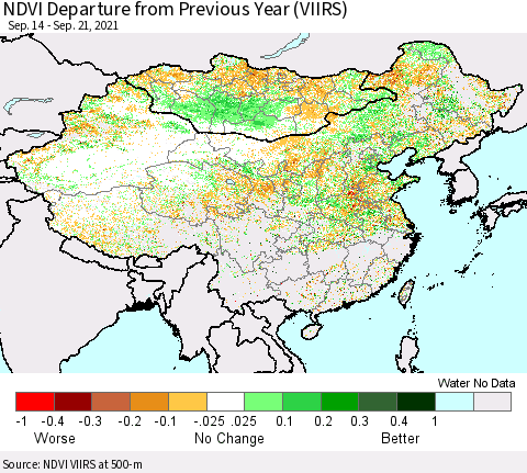 China, Mongolia and Taiwan NDVI Departure from Previous Year (VIIRS) Thematic Map For 9/14/2021 - 9/21/2021